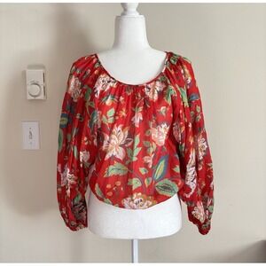 Anthropologie Womens XS Small Top Floral Colorful Red Batwing Boho Festival